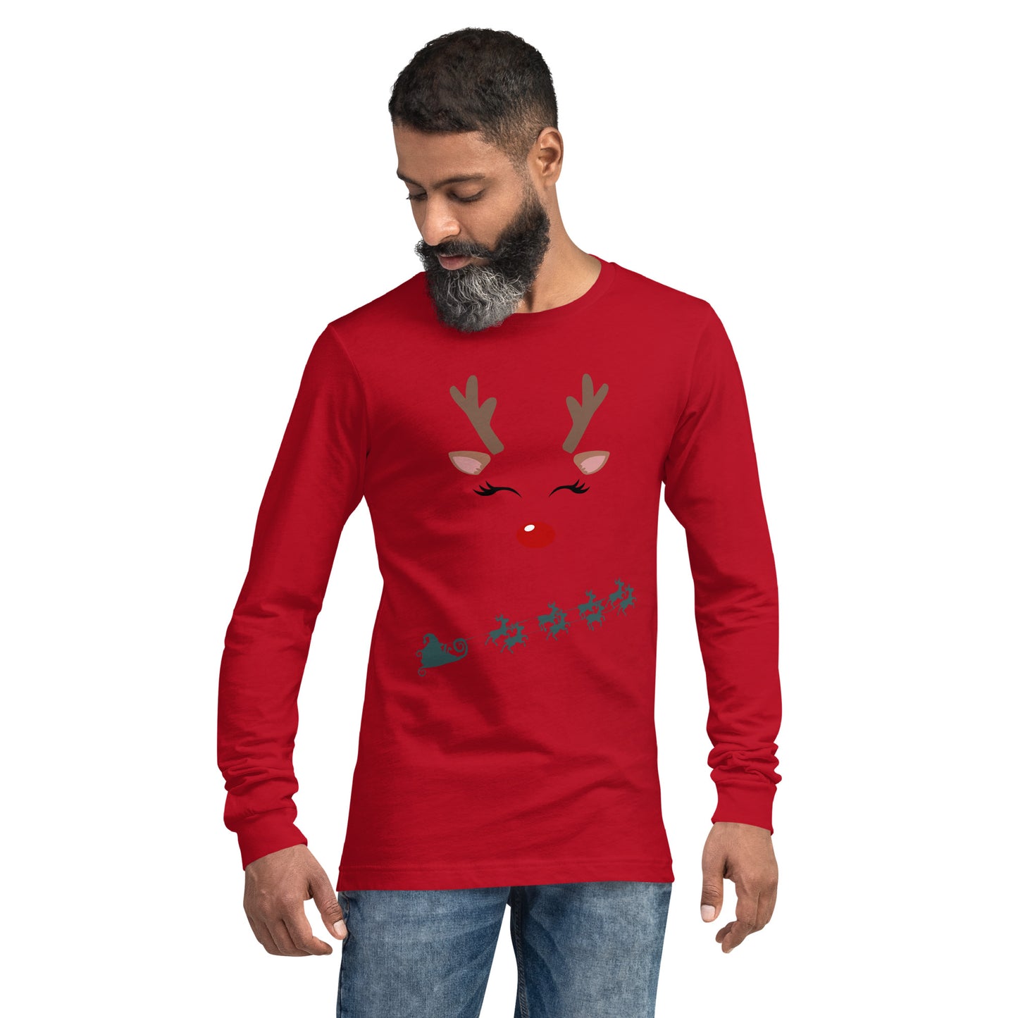 Northern Run Long Sleeve Shirt - Left Placement image 11: Maroon version, size XL with front view of the Reindeer range.