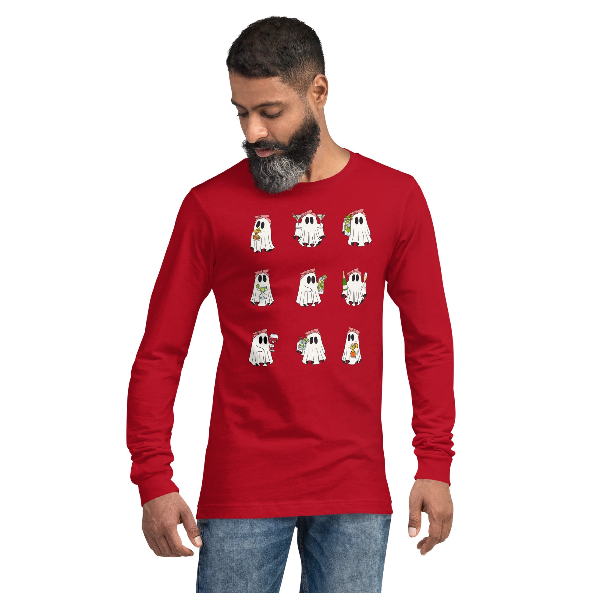 Little Haunts Long Sleeve Shirt - Left Placement image 21: Red version, size XS with front view of the Ghosties 1 range.