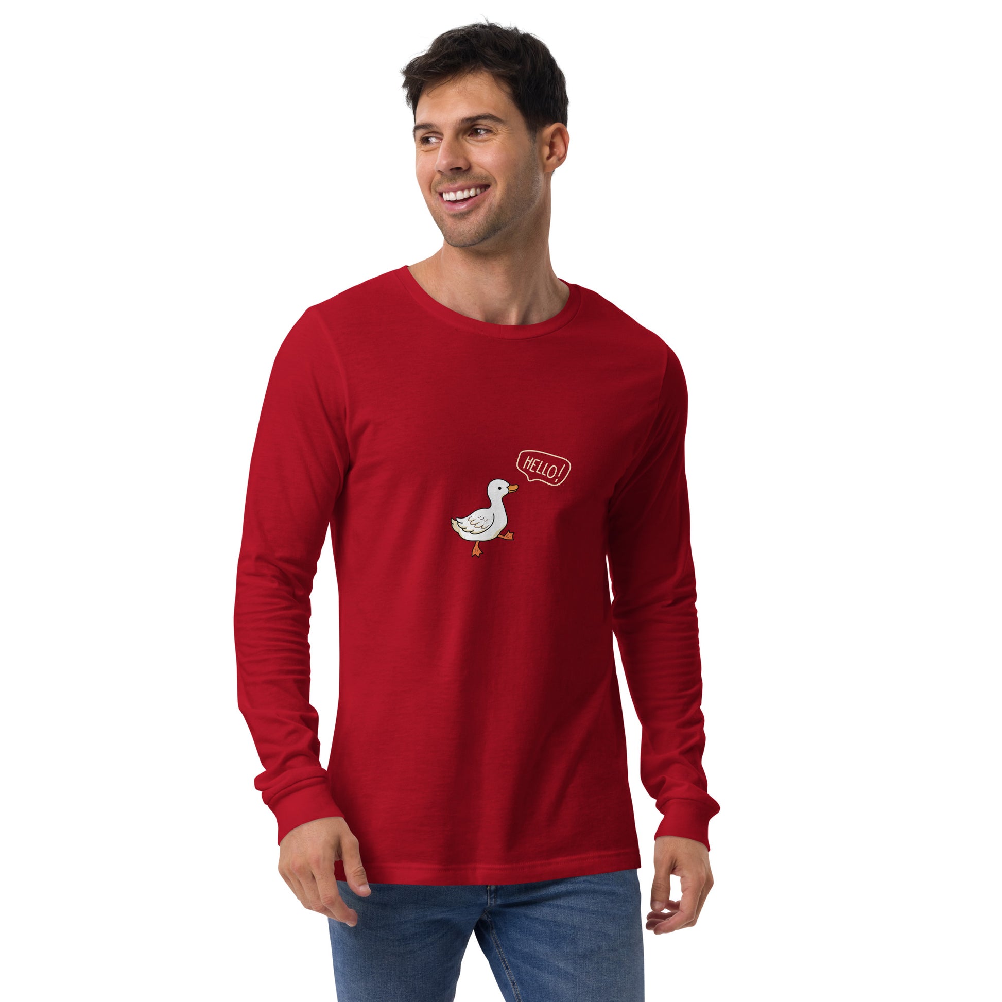 Quacksy Long Sleeve Shirt image 9 in Black, size XL, showing front view for the Hello Duck design.