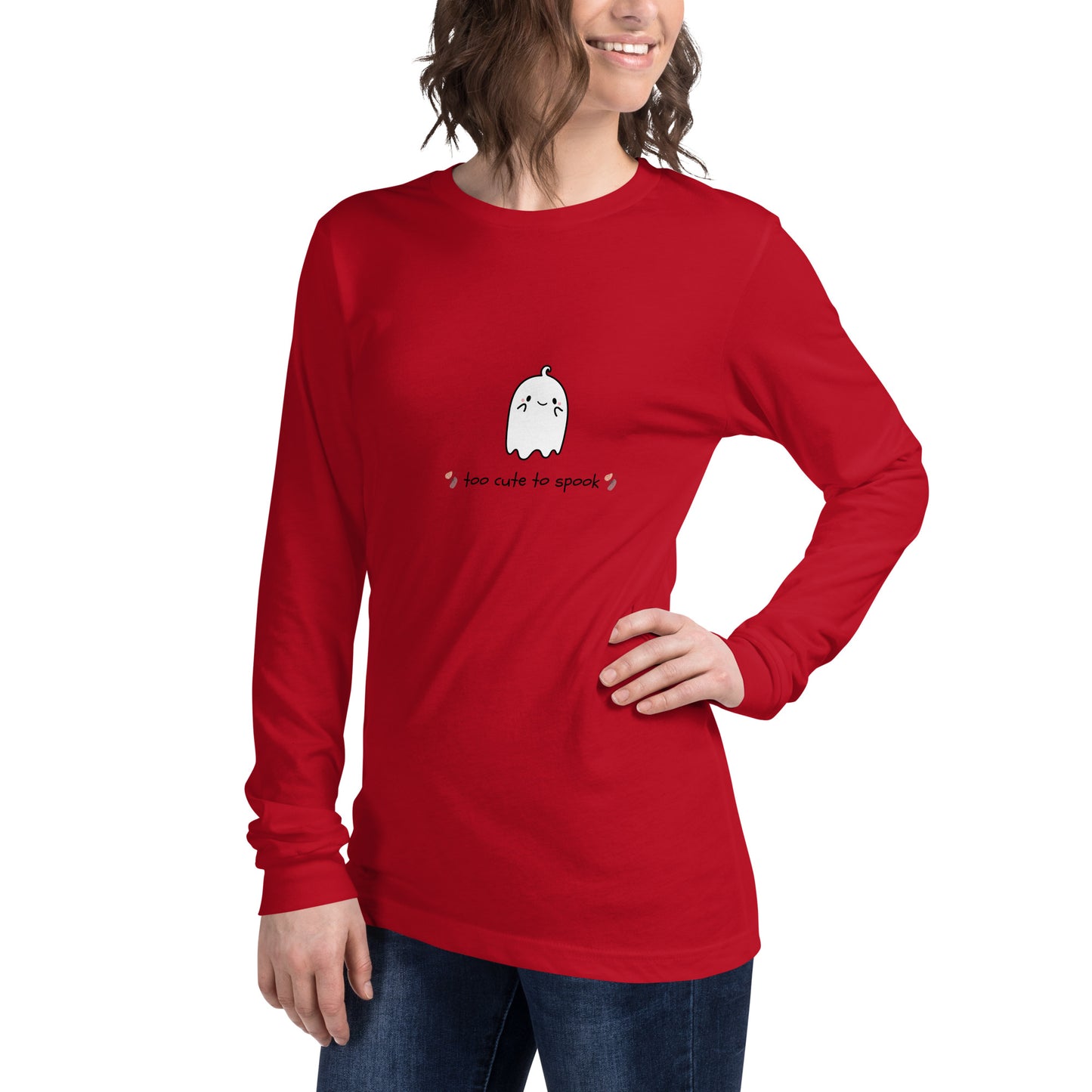 Image 34 of Dark Grey Heather Cute Haunt Long Sleeve Shirt - Left Placement, size L, with Too Cute to Spook artwork visible in front view, left-side angle.