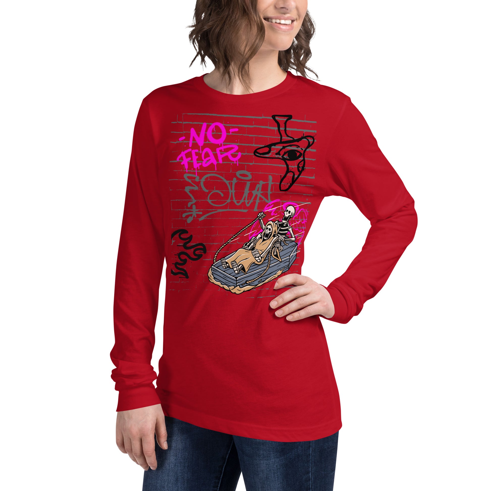 Fearless Long Sleeve Shirt - Left Placement by R.A. Apparel, image 23, front view, left-side angle, Maroon, size XL, left placement.