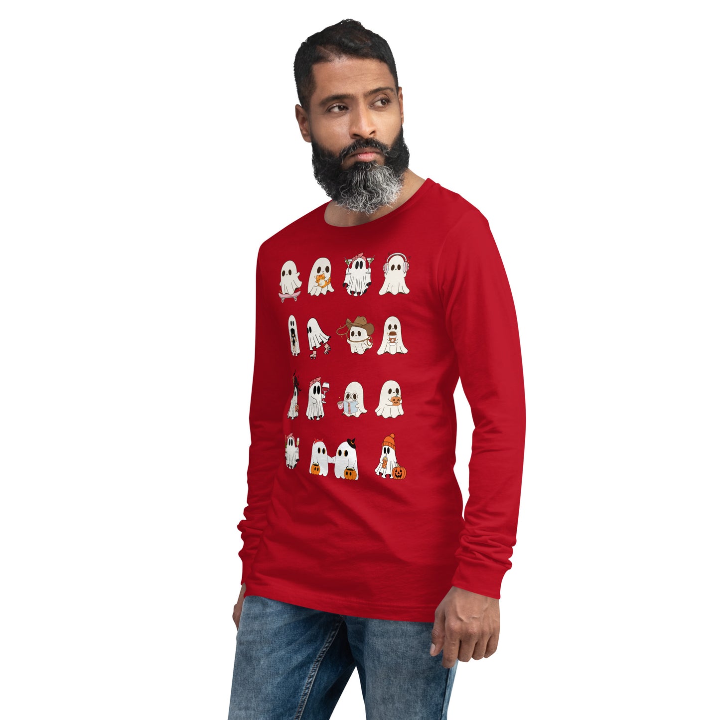 Spectral Long Sleeve Shirt - Left Placement image 23 in Red, size M, showing front view, left-side angle for the Ghosts design.