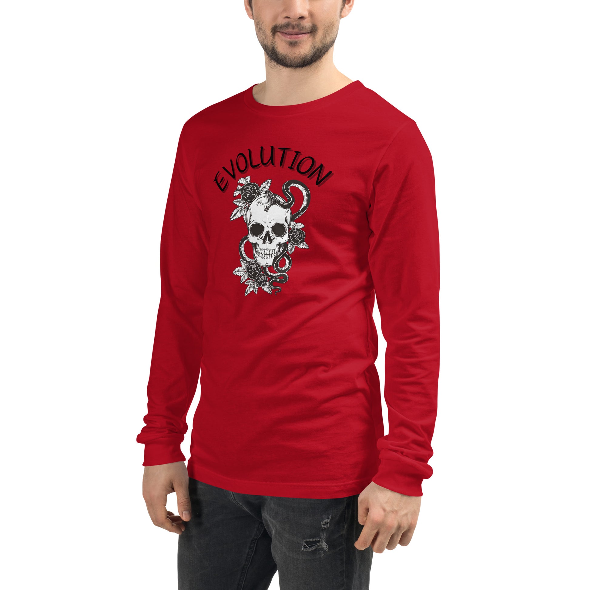 Image 35 of Dark Grey Heather Evolution Long Sleeve Shirt - Left Placement, size XL, with Evolution artwork visible in front view, left-side angle.