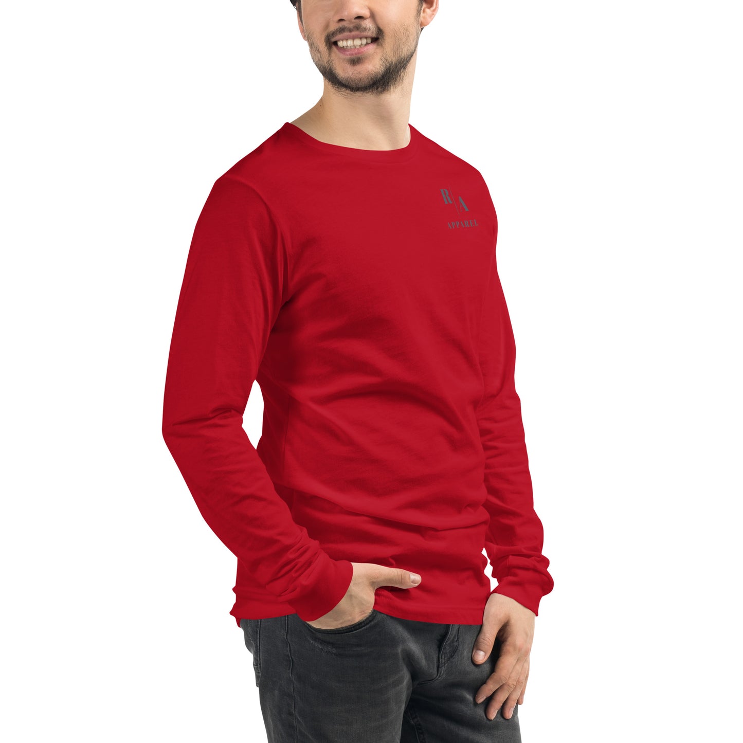 Blind Signal Long Sleeve Shirt - Left Placement 39 by R.A. Apparel, image 10, front view, right-side angle, Maroon, size L, left placement.