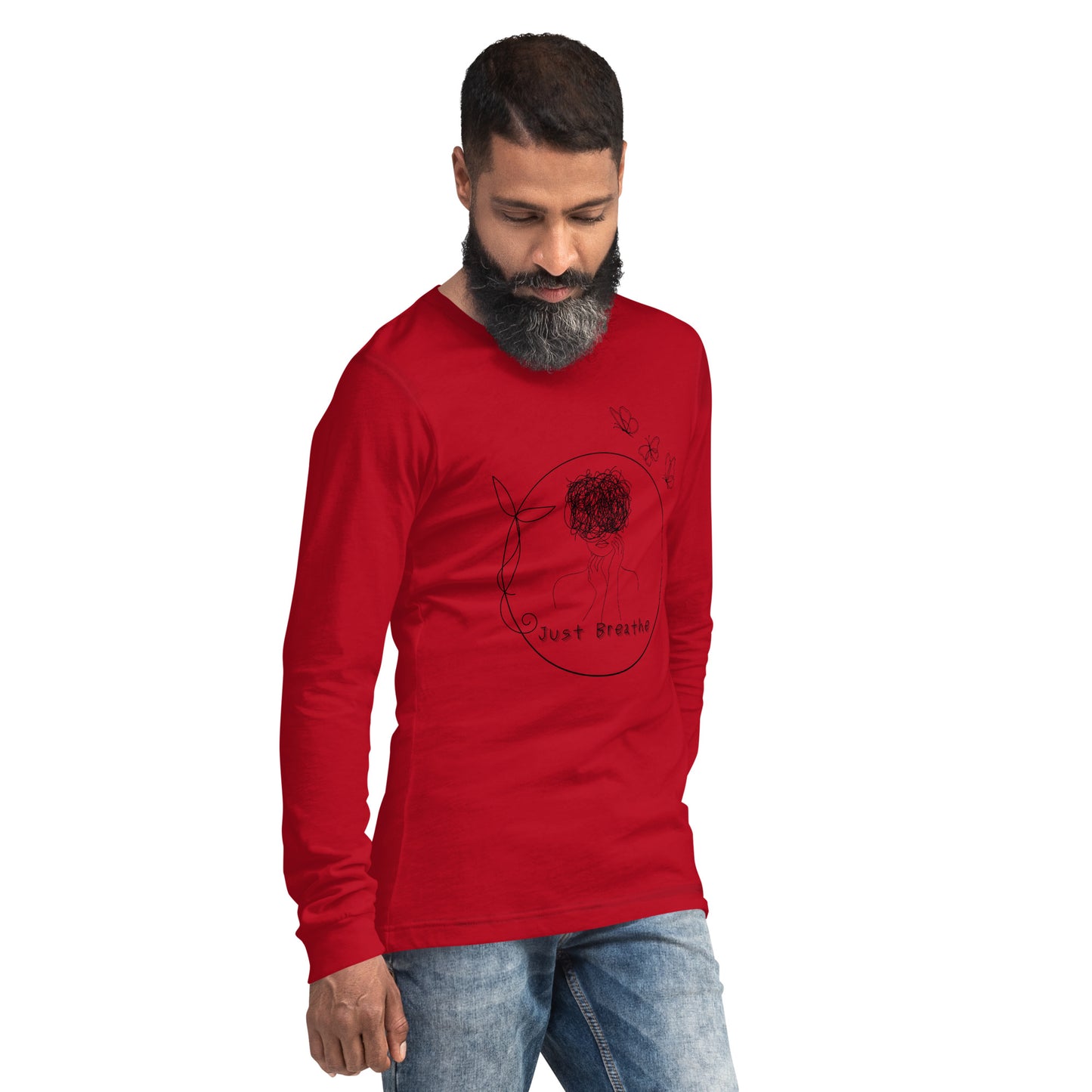Breathing Room Long Sleeve Shirt - Left Placement image 10 in Maroon, size L, showing front view, right-side angle for the Just Breathe design.