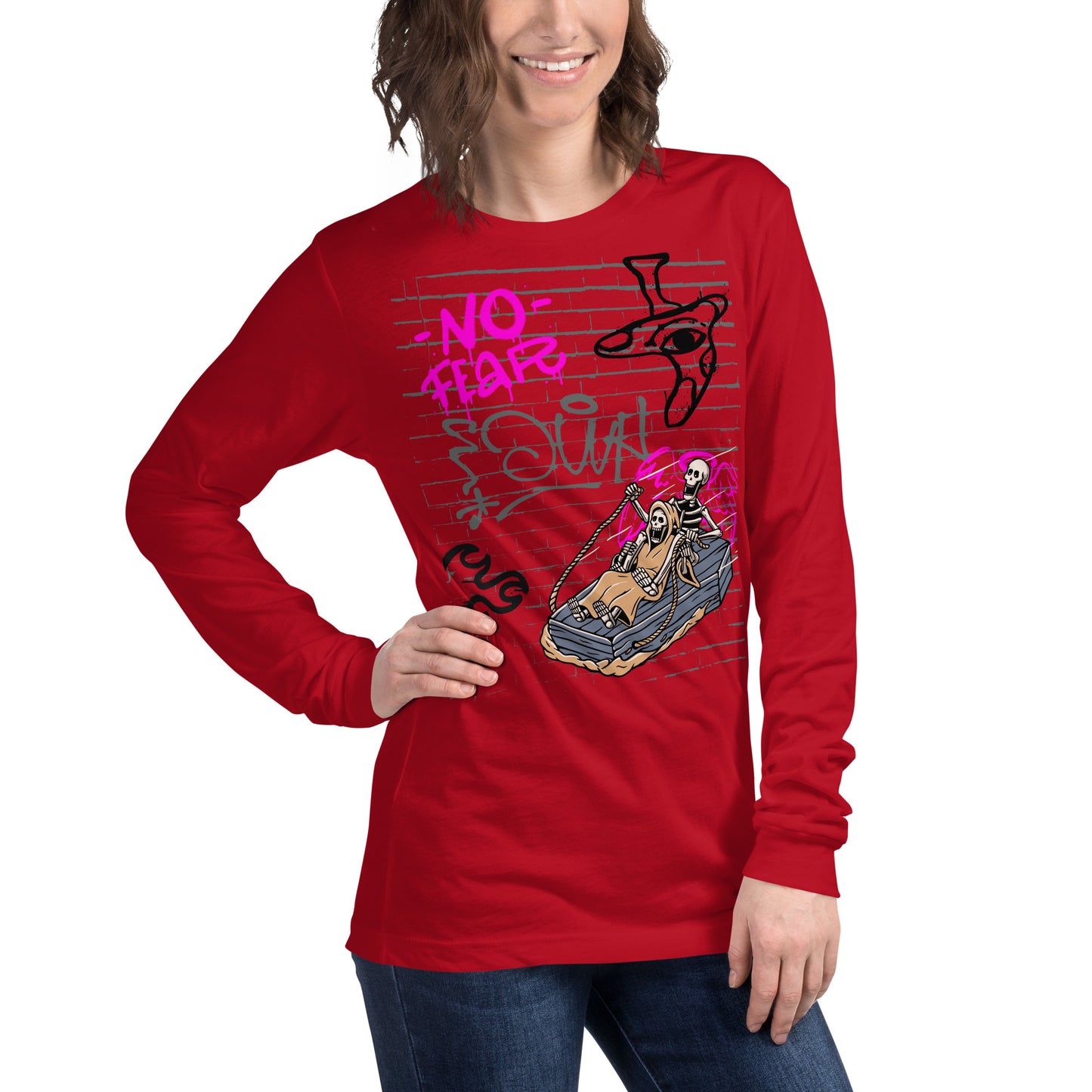 Fearless Long Sleeve Shirt - Left Placement image 24: Maroon version, size 2XL with front view, right-side angle of the No Fear range.