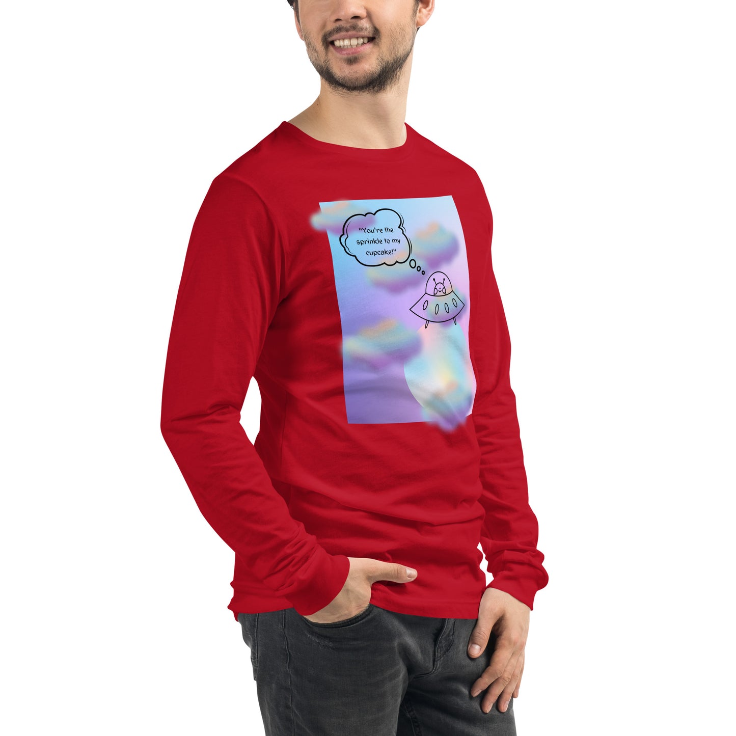 Image 36 of True Royal Sprinkle Theory Long Sleeve Shirt - Left Placement, size XS, with You're the Sprinkle to My Cupcake artwork visible in front view, right-side angle.