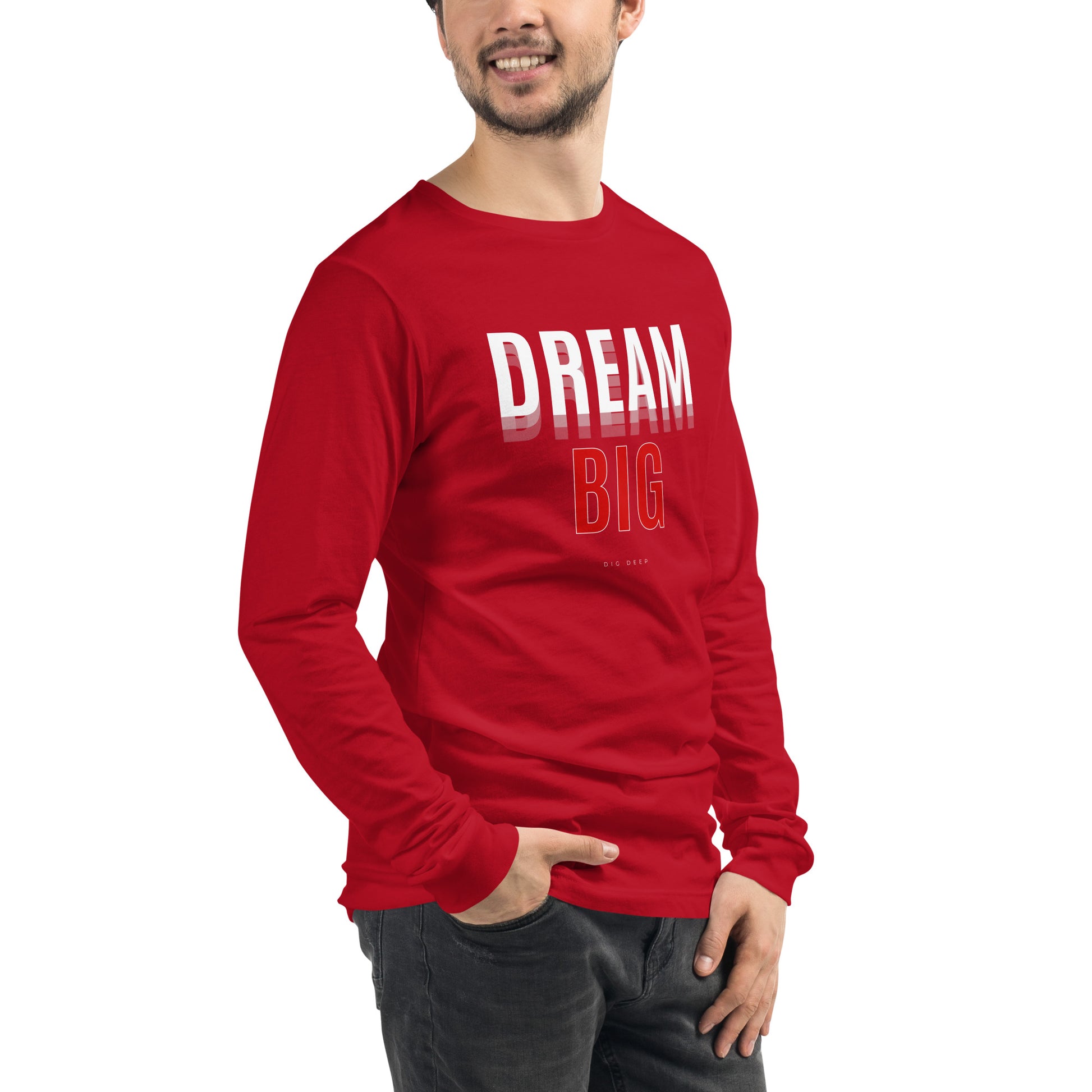 Image 20 of Maroon Skyline Dream Long Sleeve Shirt - Left Placement, size XL, with Dream Big artwork visible in front view, right-side angle.