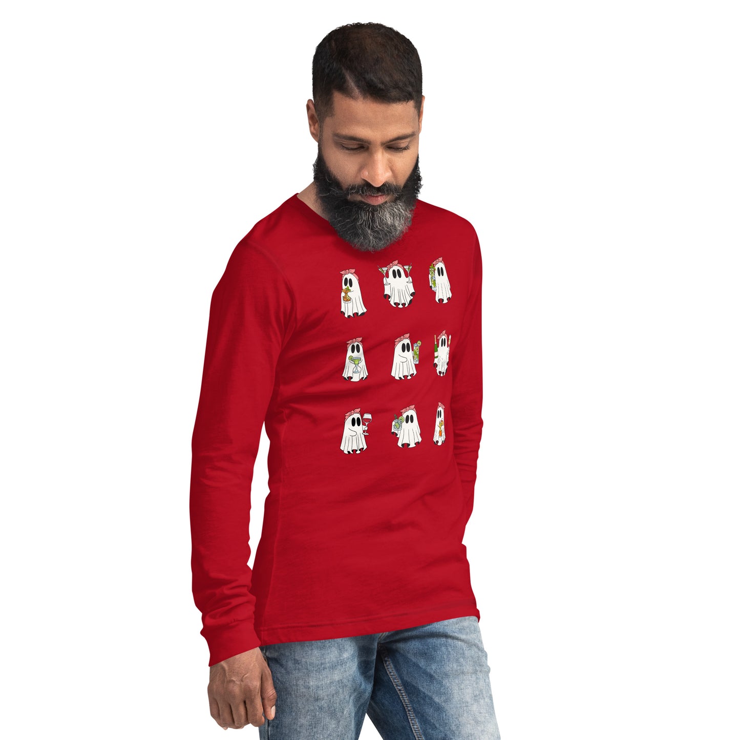 Little Haunts Long Sleeve Shirt - Left Placement image 24: Red version, size L with front view, right-side angle of the Ghosties 1 range.