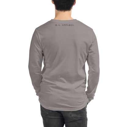 Avenor Long Sleeve Shirt by R.A. Apparel, image 74, back view, Athletic Heather, size XL, design placement.