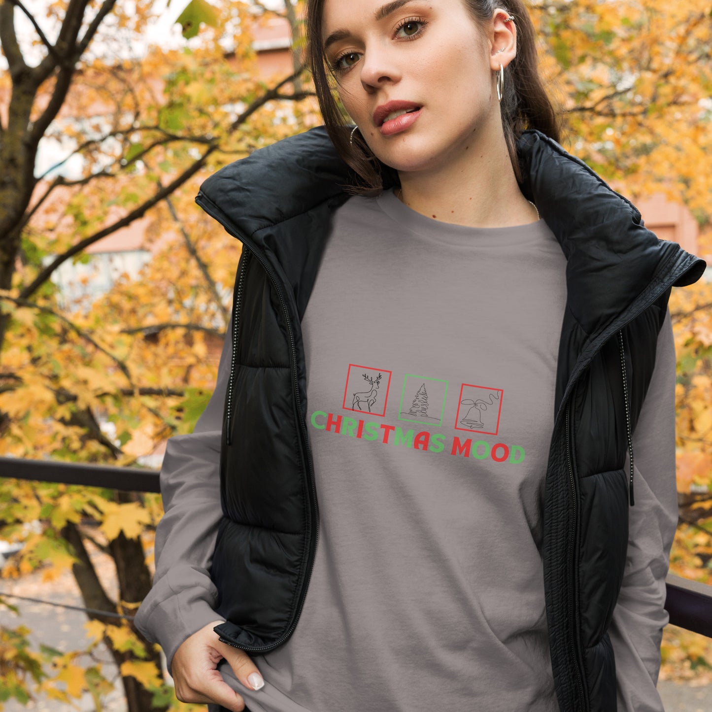 Image 19 of Heather Forest Festive Mood Long Sleeve Shirt - Left Placement, size XS, with Xmas Mood artwork visible in front view.
