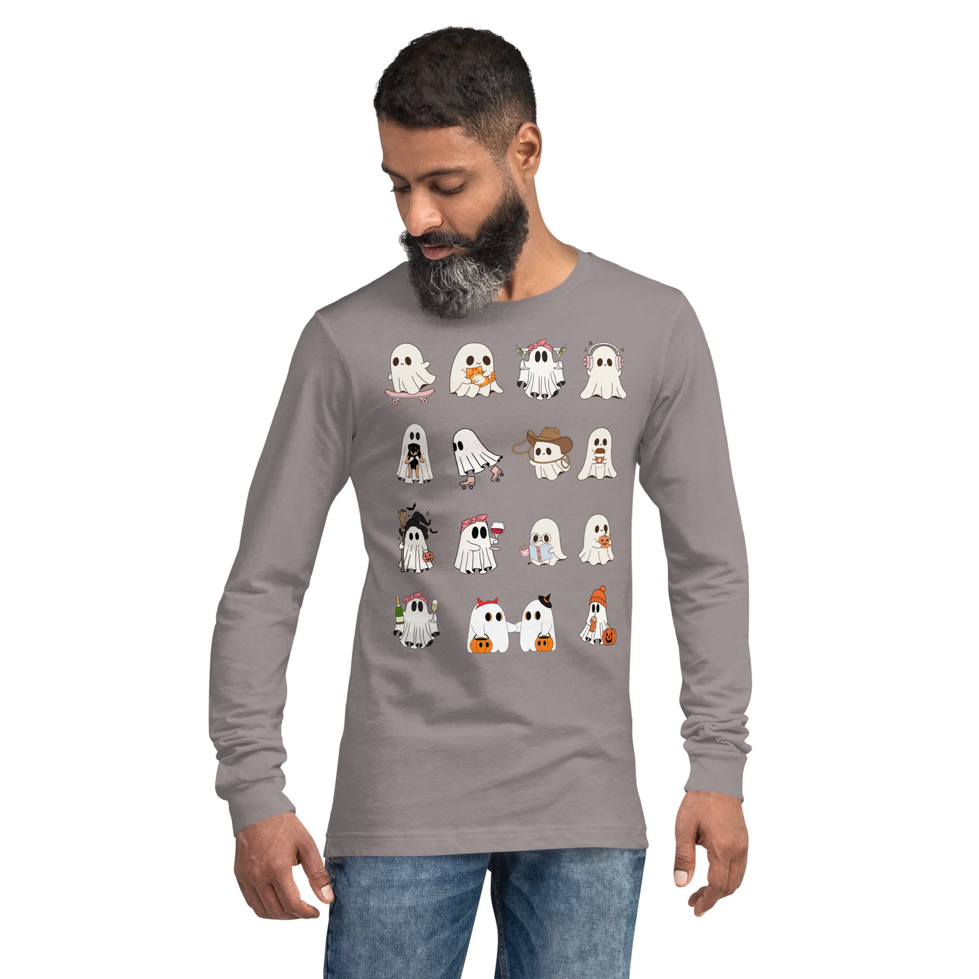 Spectral Long Sleeve Shirt - Left Placement image 49: Heather Deep Teal version, size L with front view of the Ghosts range.