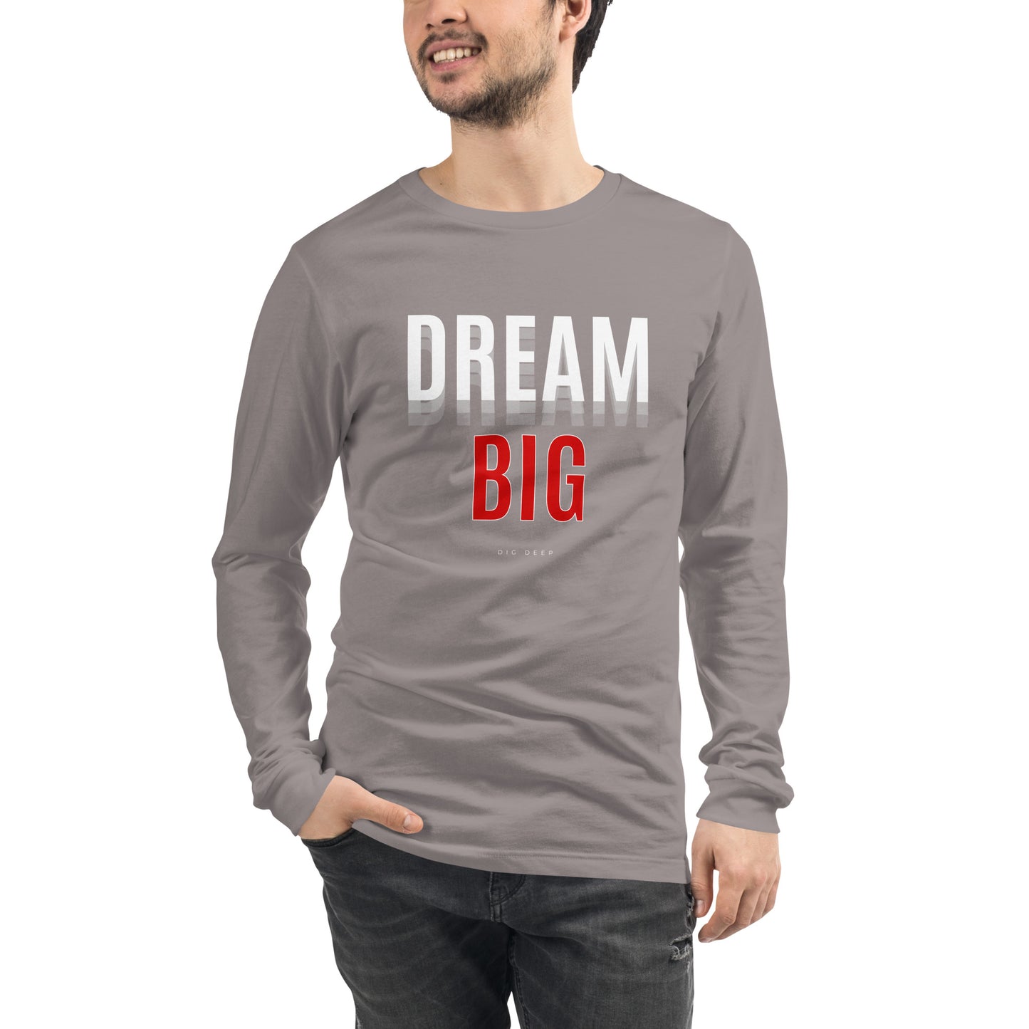 Skyline Dream Long Sleeve Shirt - Left Placement image 41: Heather Navy version, size XS with front view of the Dream Big range.