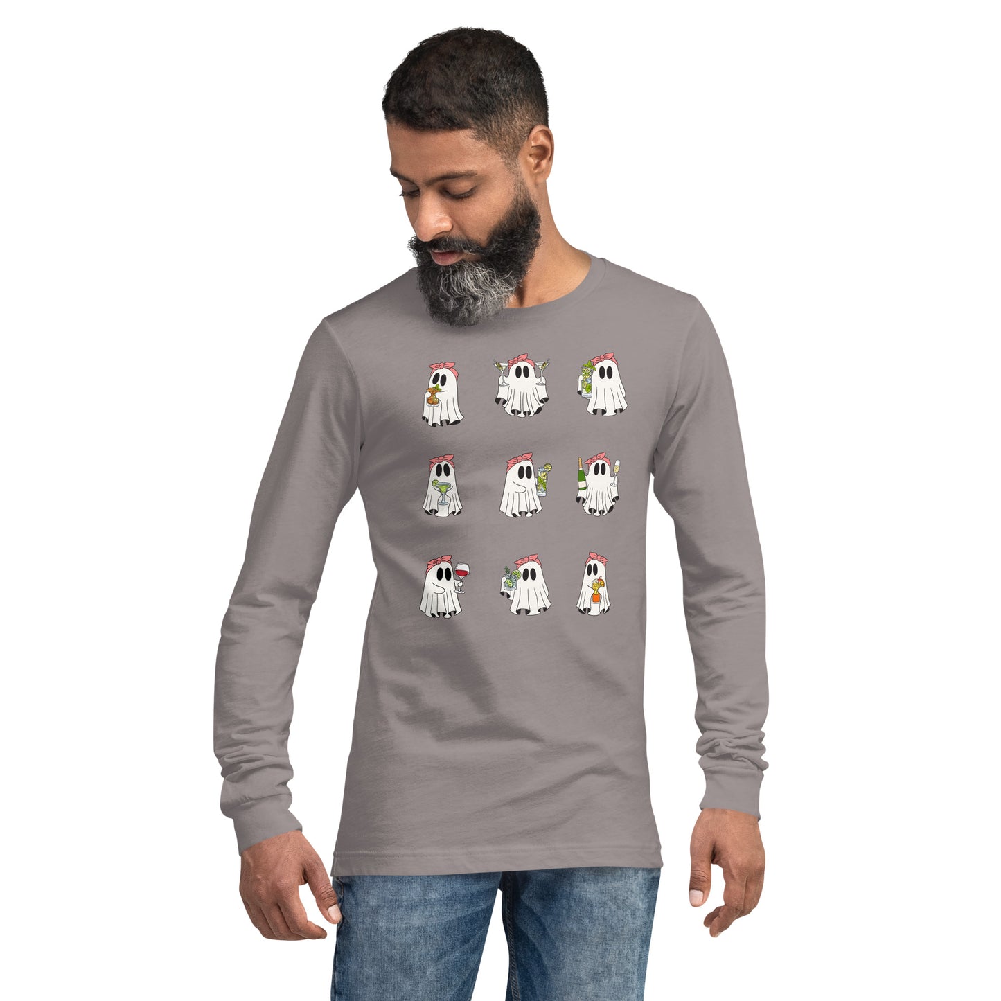 Image 49 of Heather Deep Teal Little Haunts Long Sleeve Shirt - Left Placement, size L, with Ghosties 1 artwork visible in front view.