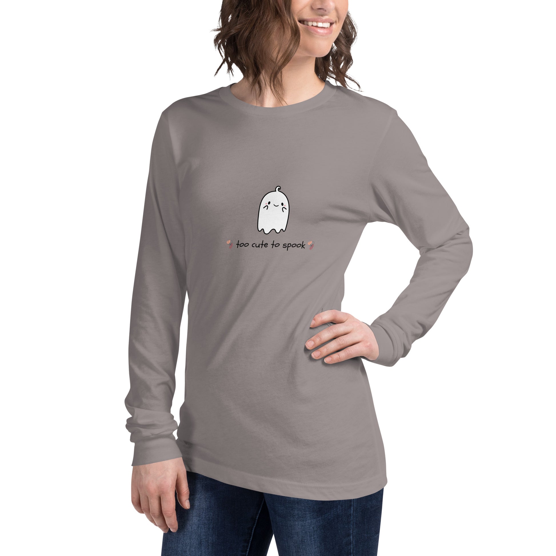 Image 76 of Athletic Heather Cute Haunt Long Sleeve Shirt - Left Placement, size XS, with Too Cute to Spook artwork visible in front view, left-side angle.