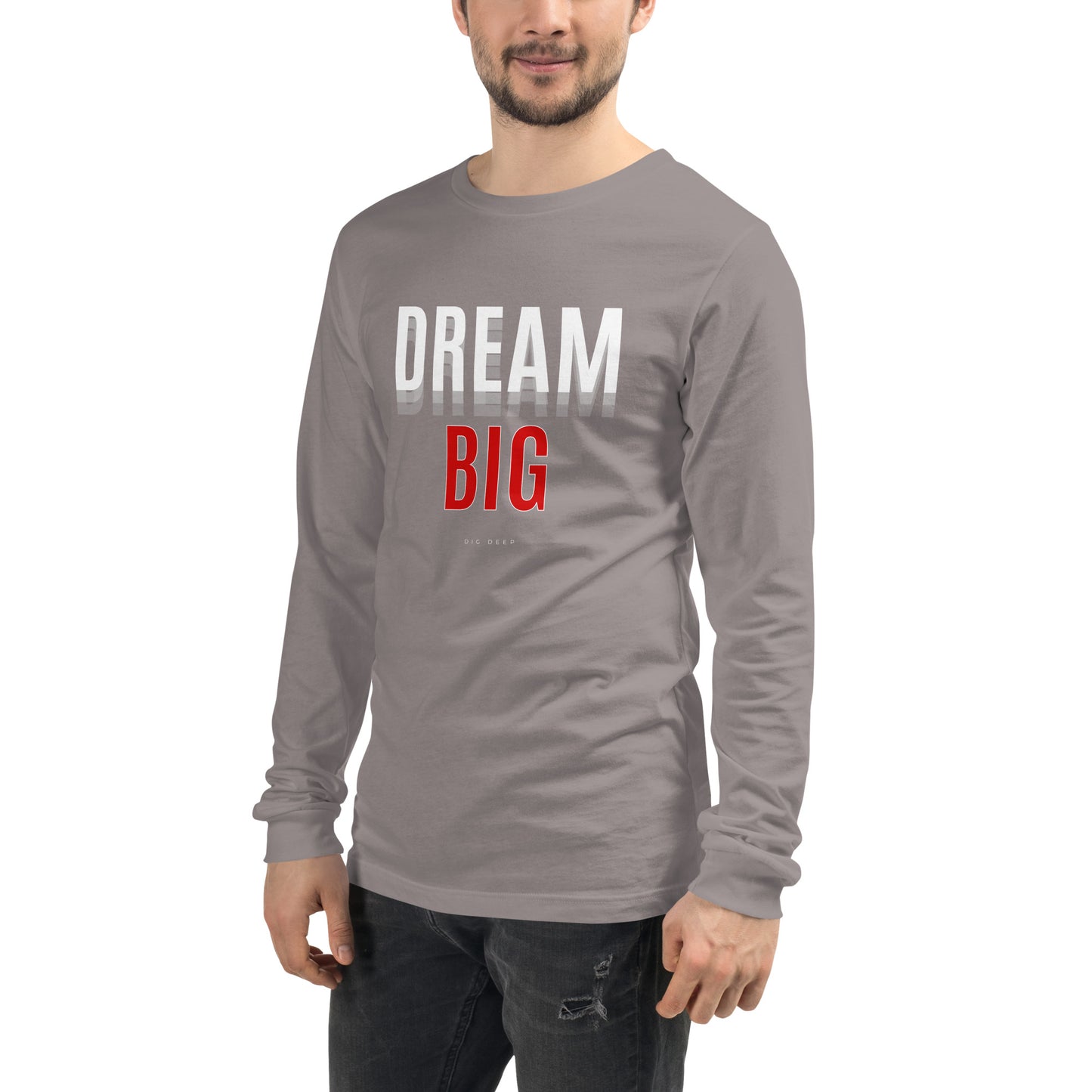 Skyline Dream Long Sleeve Shirt - Left Placement image 43: Heather Navy version, size M with front view, left-side angle of the Dream Big range.