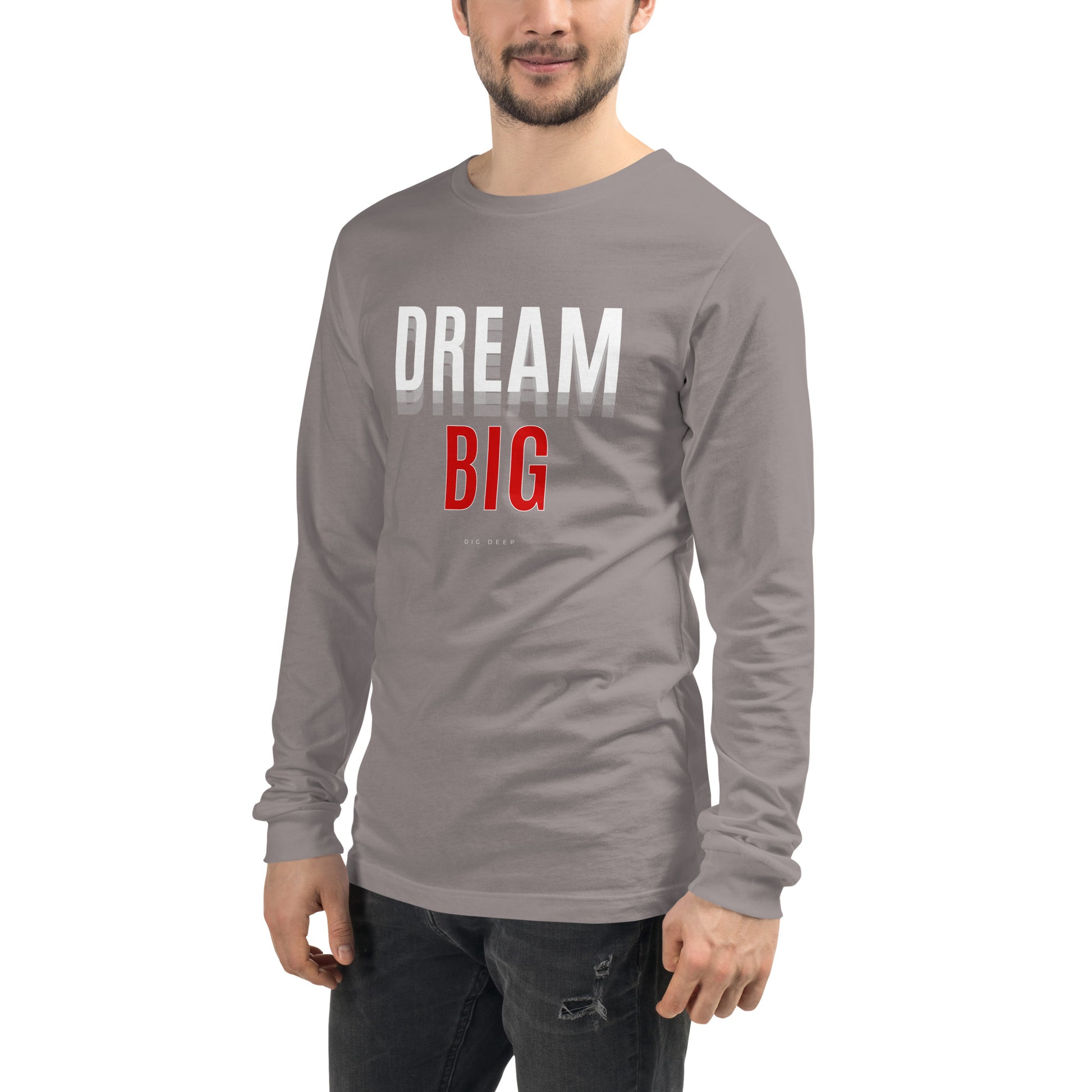Skyline Dream Long Sleeve Shirt - Left Placement image 43: Heather Navy version, size M with front view, left-side angle of the Dream Big range.