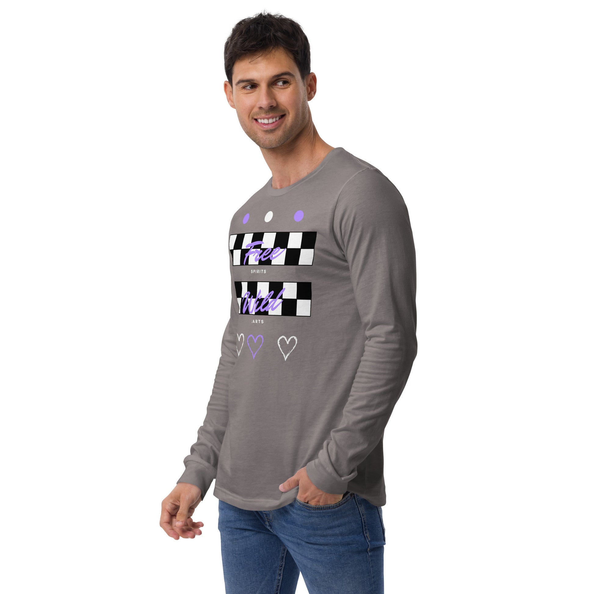 Image 26 of Heather Forest Freeborne Long Sleeve Shirt - Left Placement, size XS, with Free Spirits artwork visible in front view, left-side angle.