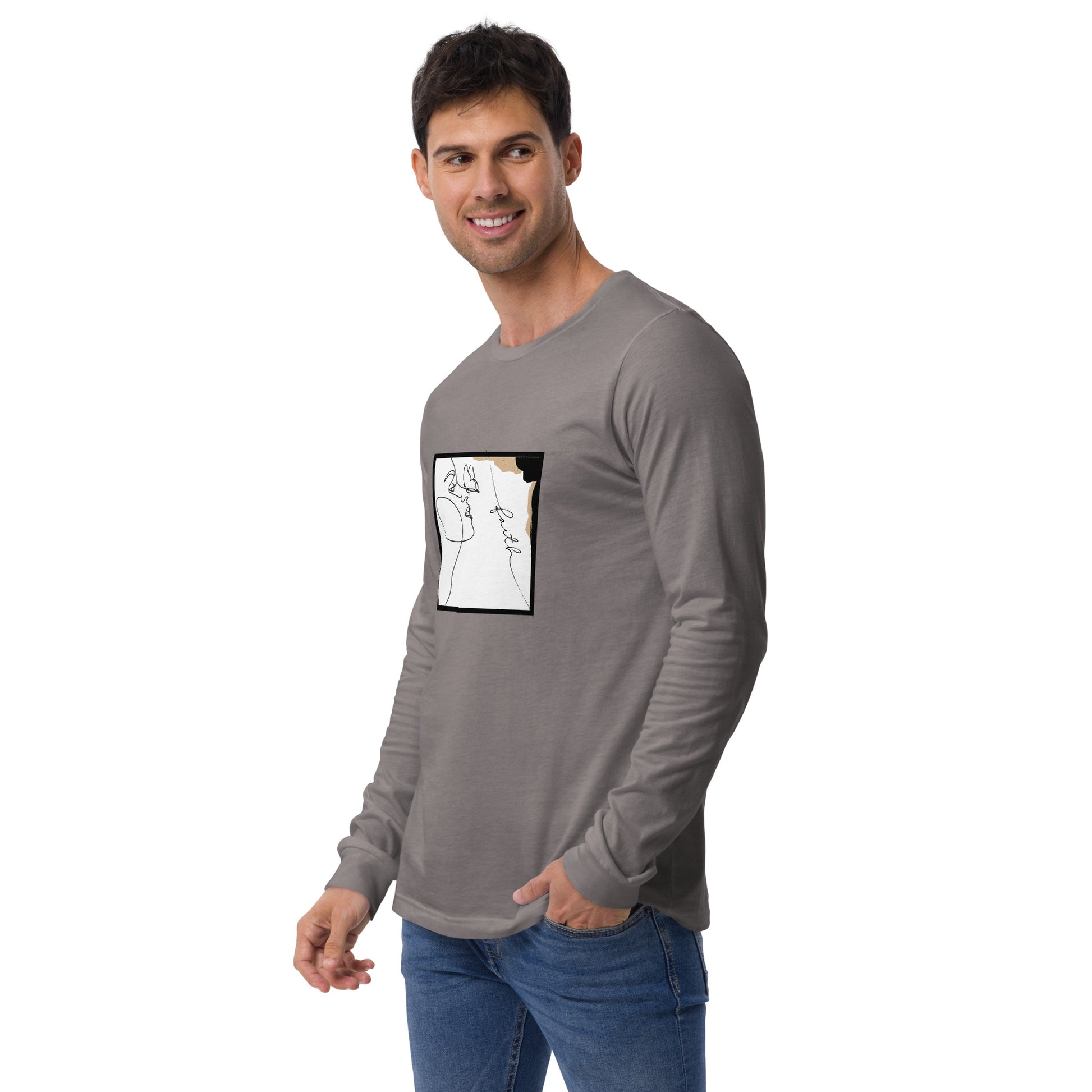 Image 24 of Heather Forest Faithline Long Sleeve Shirt - Left Placement, size L, with Faith artwork visible in front view, left-side angle.
