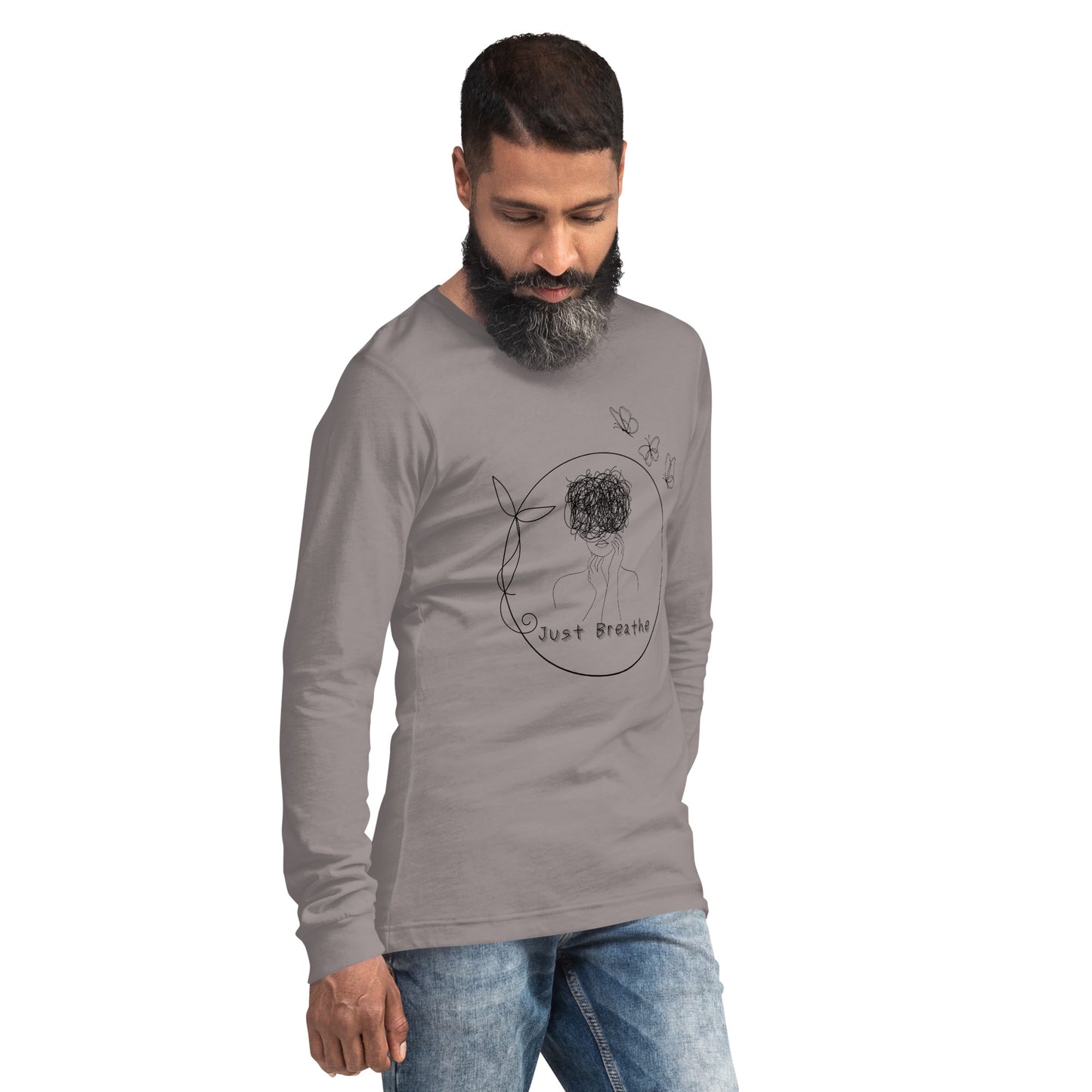 Breathing Room Long Sleeve Shirt - Left Placement image 20: Heather Forest version, size S with front view, right-side angle of the Just Breathe range.