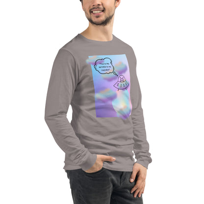 Sprinkle Theory Long Sleeve Shirt - Left Placement image 78 in Athletic Heather, size M, showing front view, right-side angle for the You're the Sprinkle to My Cupcake design.
