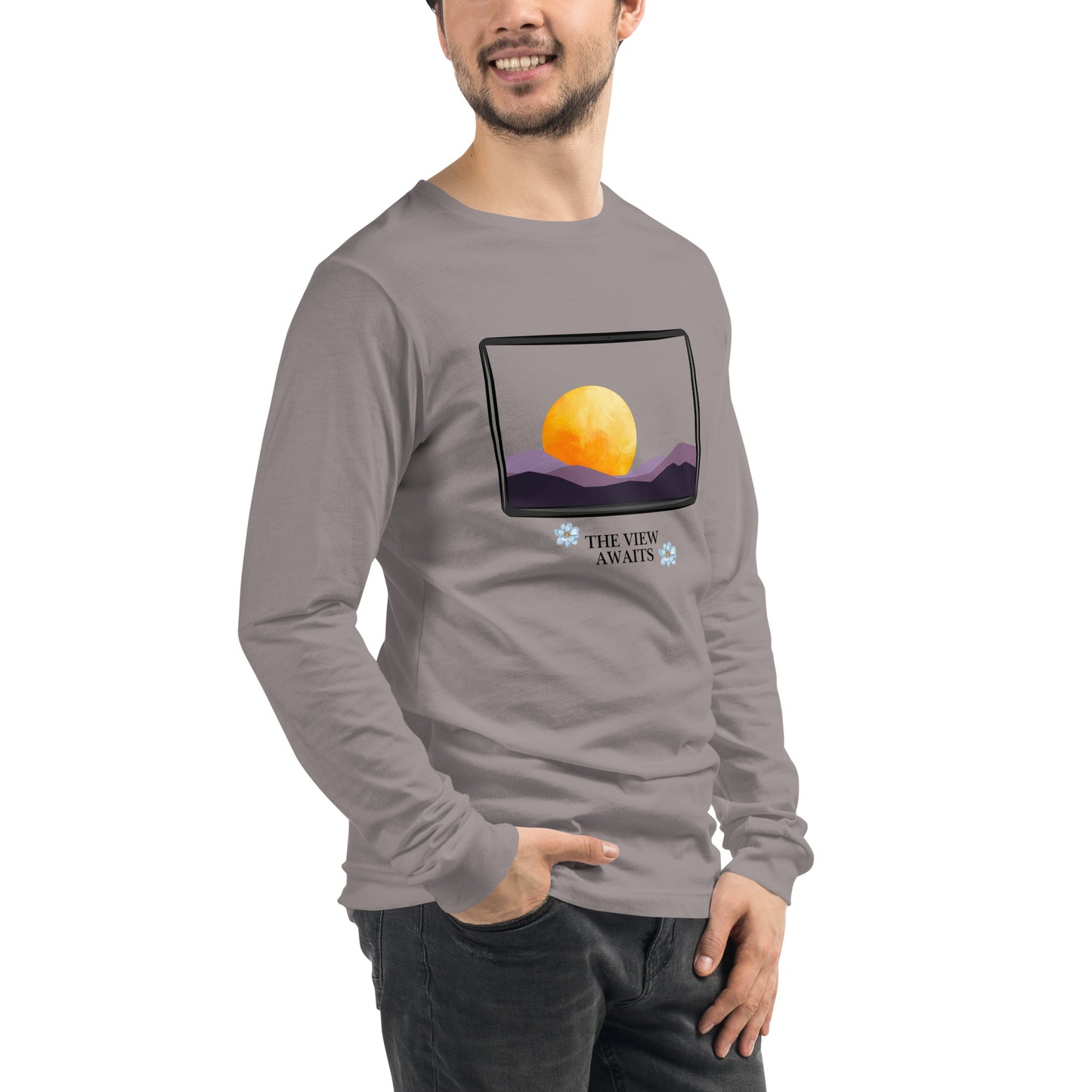 Image 78 of White Avenor Long Sleeve Shirt, size L, with The View Awaits artwork visible in front view, right-side angle.