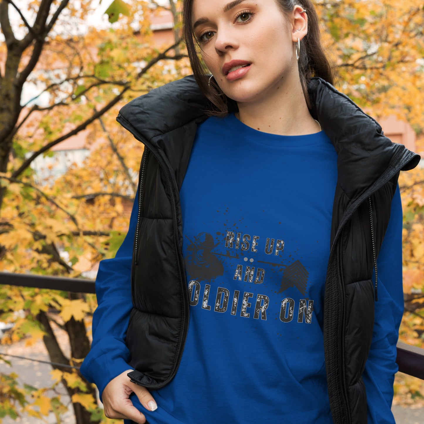 Fortitude Long Sleeve Shirt - Left Placement image 38 in Heather Navy, size S, showing front view for the Soldier On design.