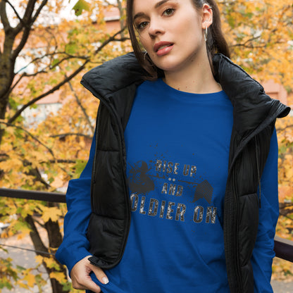 Fortitude Long Sleeve Shirt - Left Placement image 38 in Heather Navy, size S, showing front view for the Soldier On design.