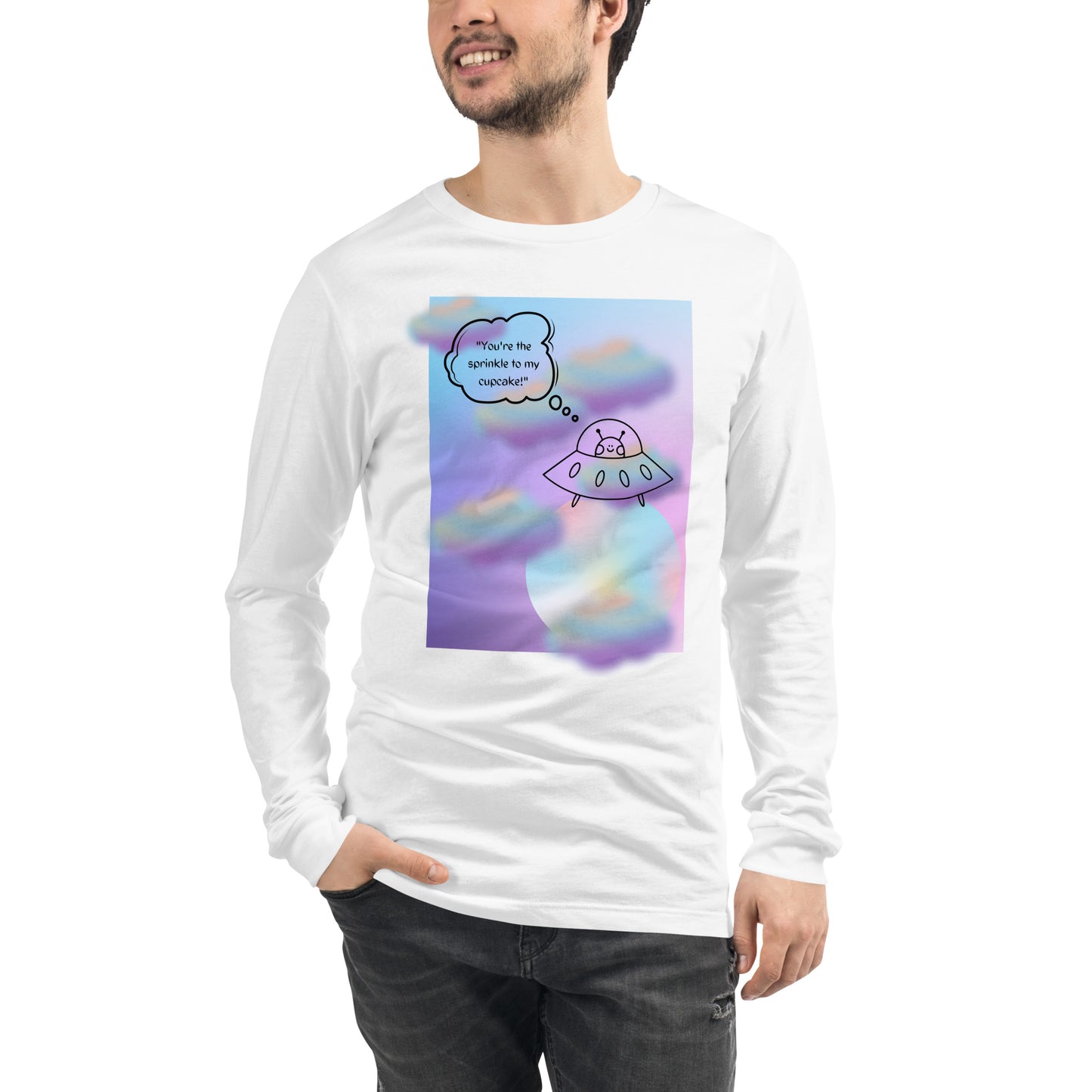 Sprinkle Theory Long Sleeve Shirt - Left Placement image 37 in True Royal, size S, showing front view for the You're the Sprinkle to My Cupcake design.