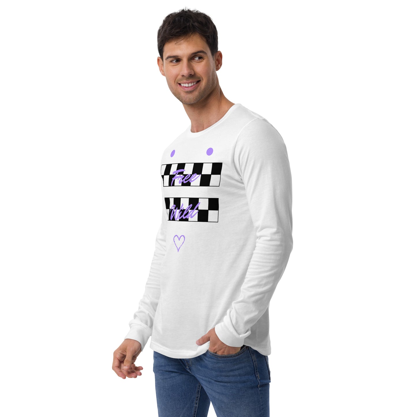 Image 14 of Navy Freeborne Long Sleeve Shirt - Left Placement, size L, with Free Spirits artwork visible in front view, left-side angle.