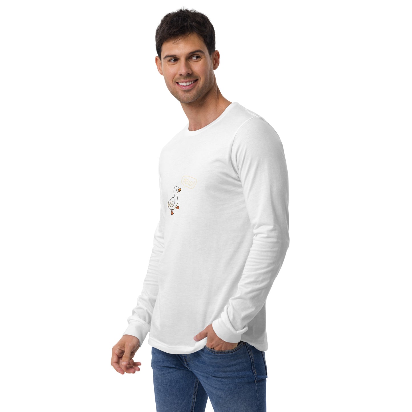 Image 32 of Dark Grey Heather Quacksy Long Sleeve Shirt, size M, with Hello Duck artwork visible in front view, left-side angle.