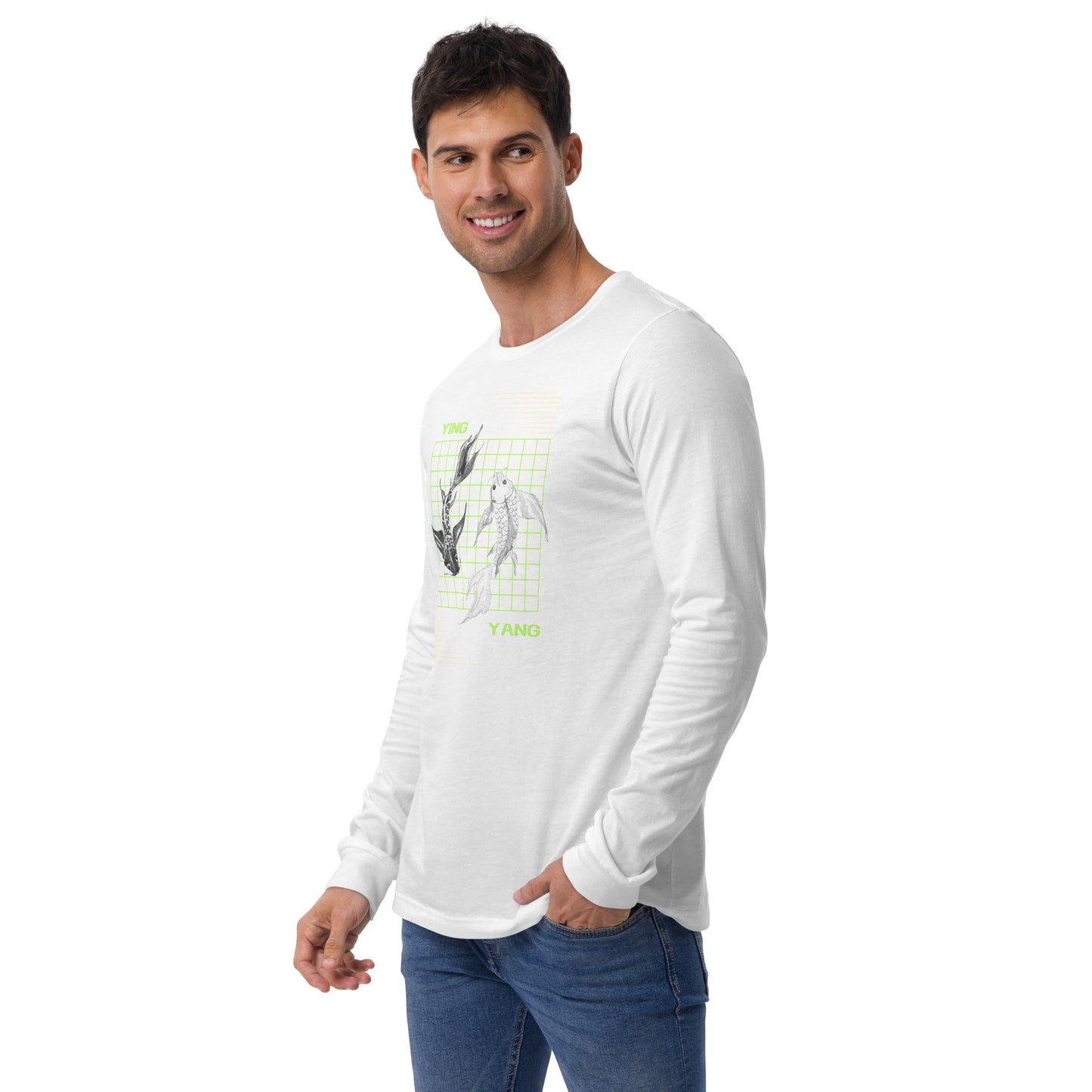 Image 32 of Dark Grey Heather Equinoxe Long Sleeve Shirt, size M, with Ying and Yang artwork visible in front view, left-side angle.