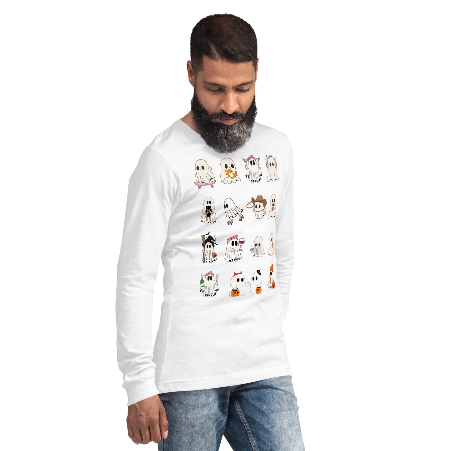 Spectral Long Sleeve Shirt - Left Placement image 28 in Heather Forest, size M, showing front view, right-side angle for the Ghosts design.