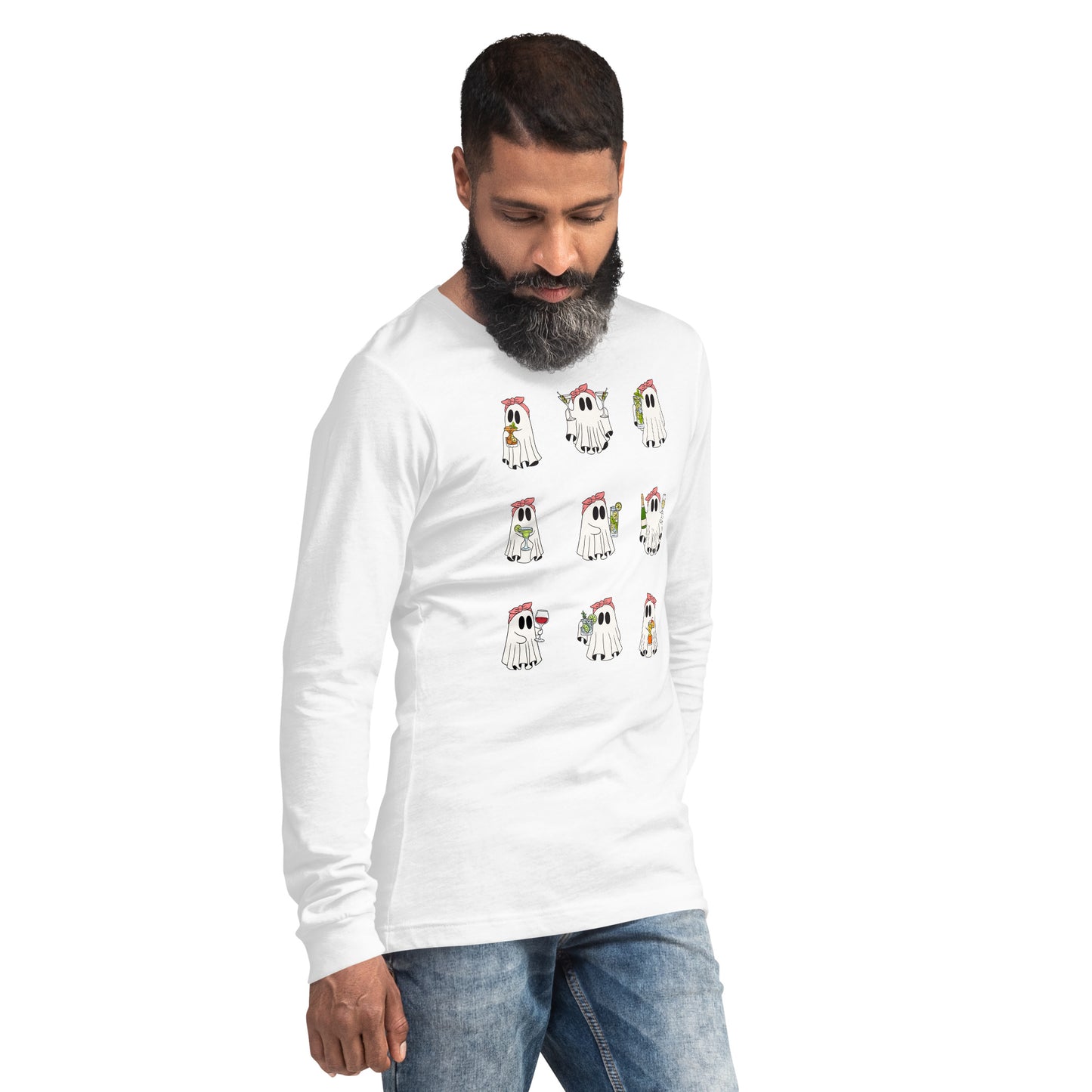 Image 28 of Heather Forest Little Haunts Long Sleeve Shirt - Left Placement, size M, with Ghosties 1 artwork visible in front view, right-side angle.
