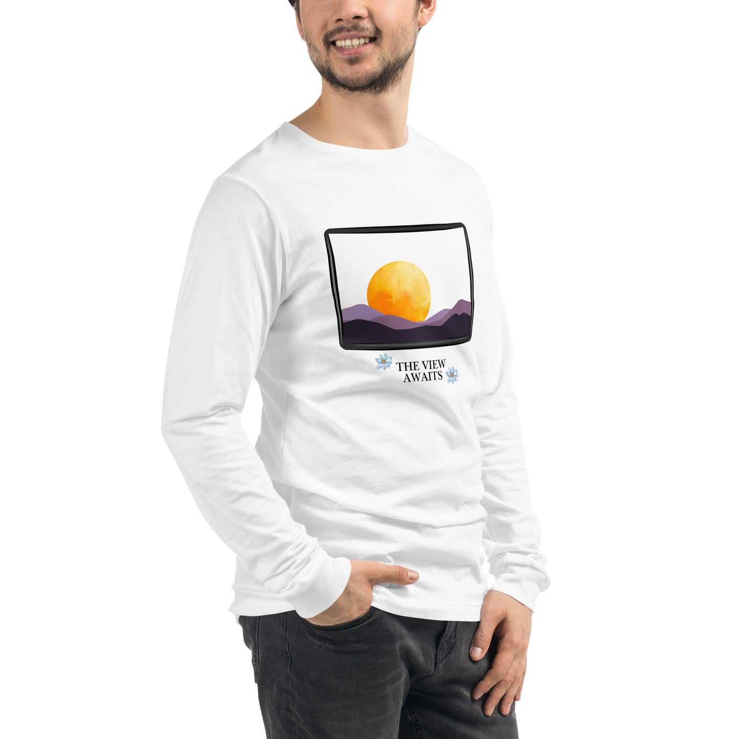 Image 96 of selected colour Avenor Long Sleeve Shirt, with The View Awaits artwork visible in front view, right-side angle.