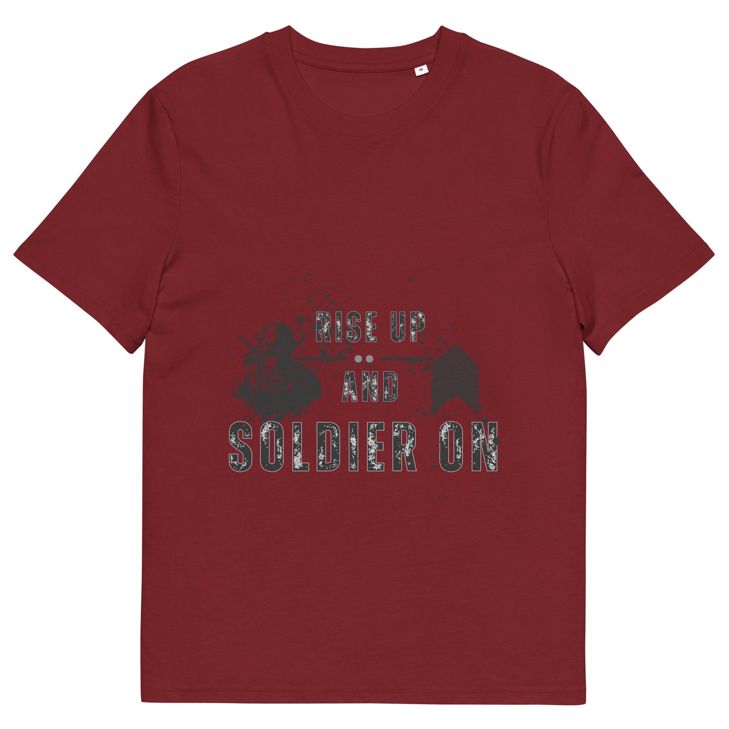 Image 2 of Burgundy Fortitude T-Shirt - Left Placement 1, size M, with Soldier On artwork visible in front view.