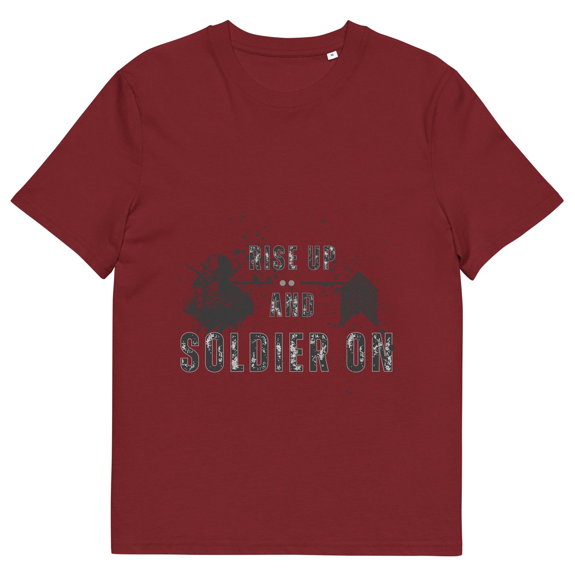 Image 2 of Burgundy Fortitude T-Shirt - Left Placement 1, size M, with Soldier On artwork visible in front view.
