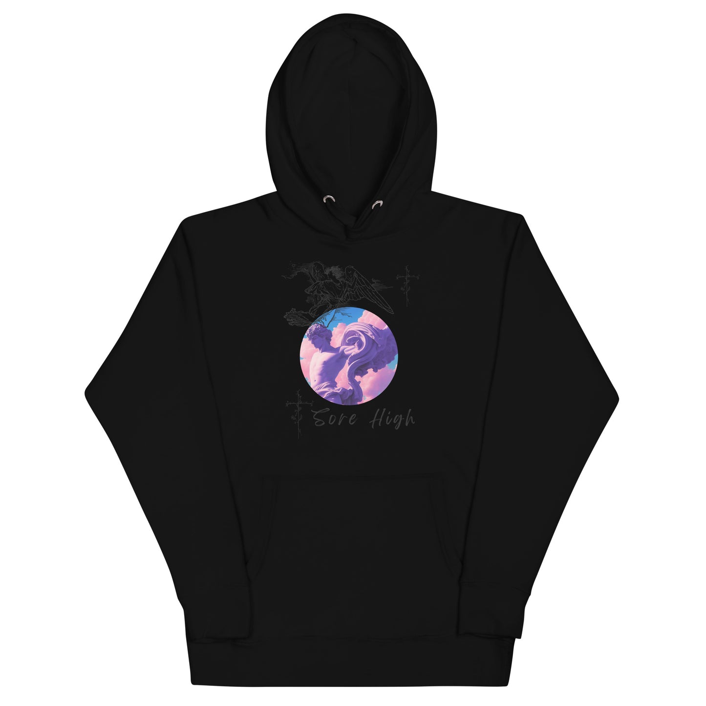 Skyborne Hoodie - Left Placement image 1: Black version, size S with front view of the Sore High range.
