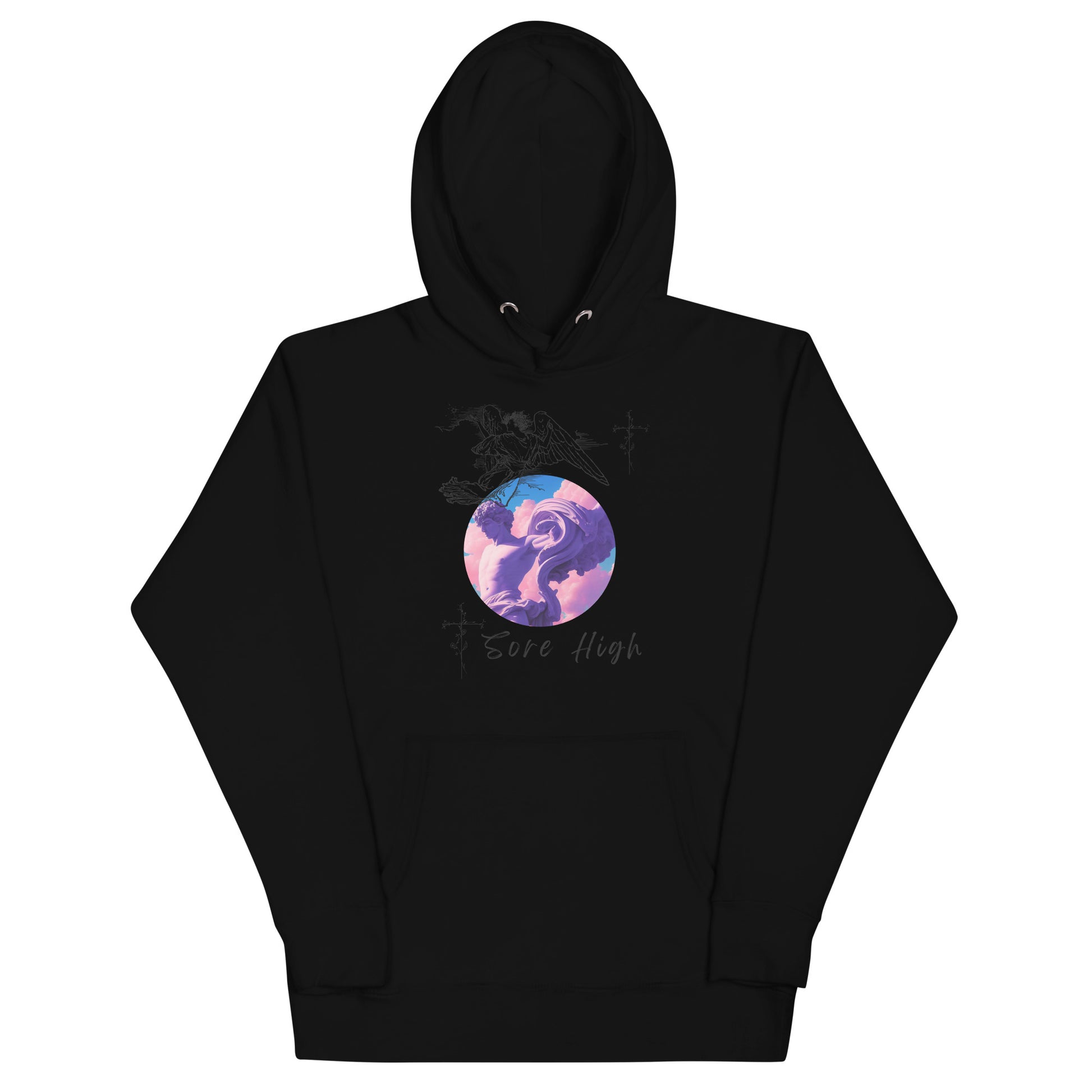Skyborne Hoodie - Left Placement image 1: Black version, size S with front view of the Sore High range.