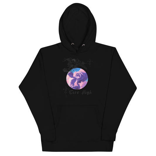 Skyborne Hoodie - Left Placement image 1: Black version, size S with front view of the Sore High range.