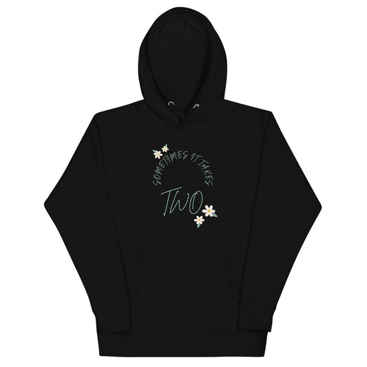 Image 1 of Black Duet Hoodie - Left Placement, size S, with It Takes Two artwork visible in front view.