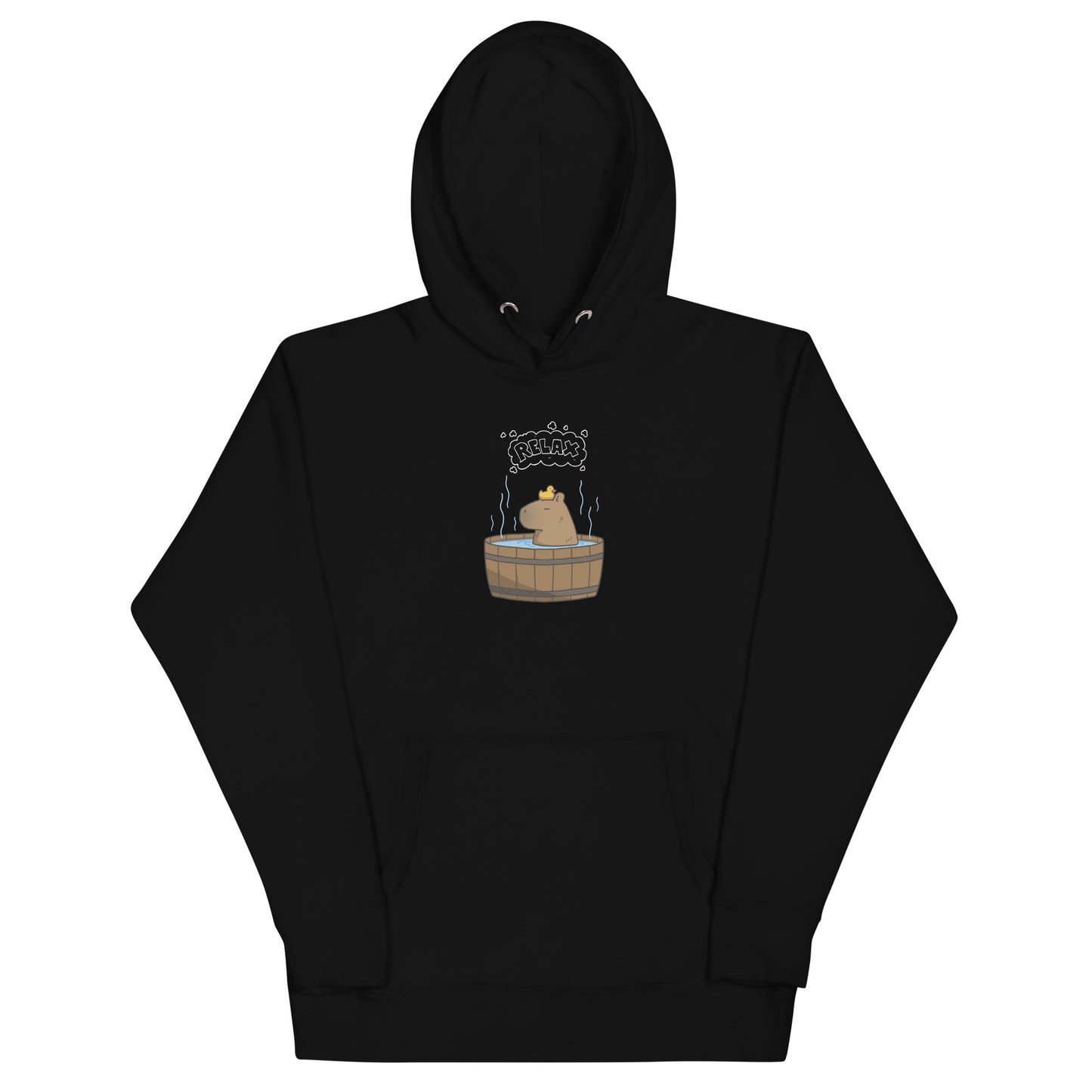 Image 1 of Black Slow Hour Hoodie - Left Placement, size S, with Relax artwork visible in front view.