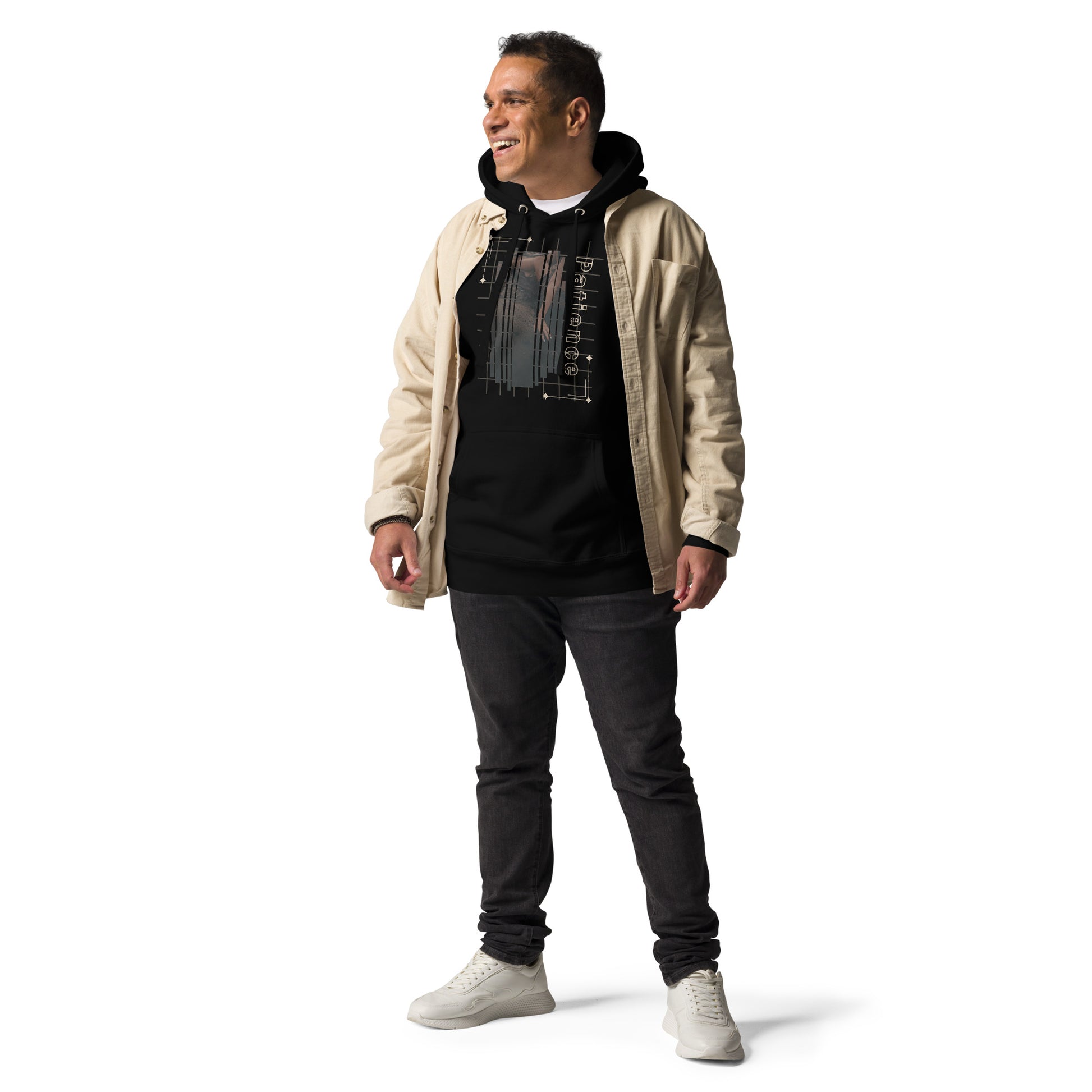 Image 1 of Black Stillwater Hoodie - Left Placement, size S, with Patience artwork visible in front view.