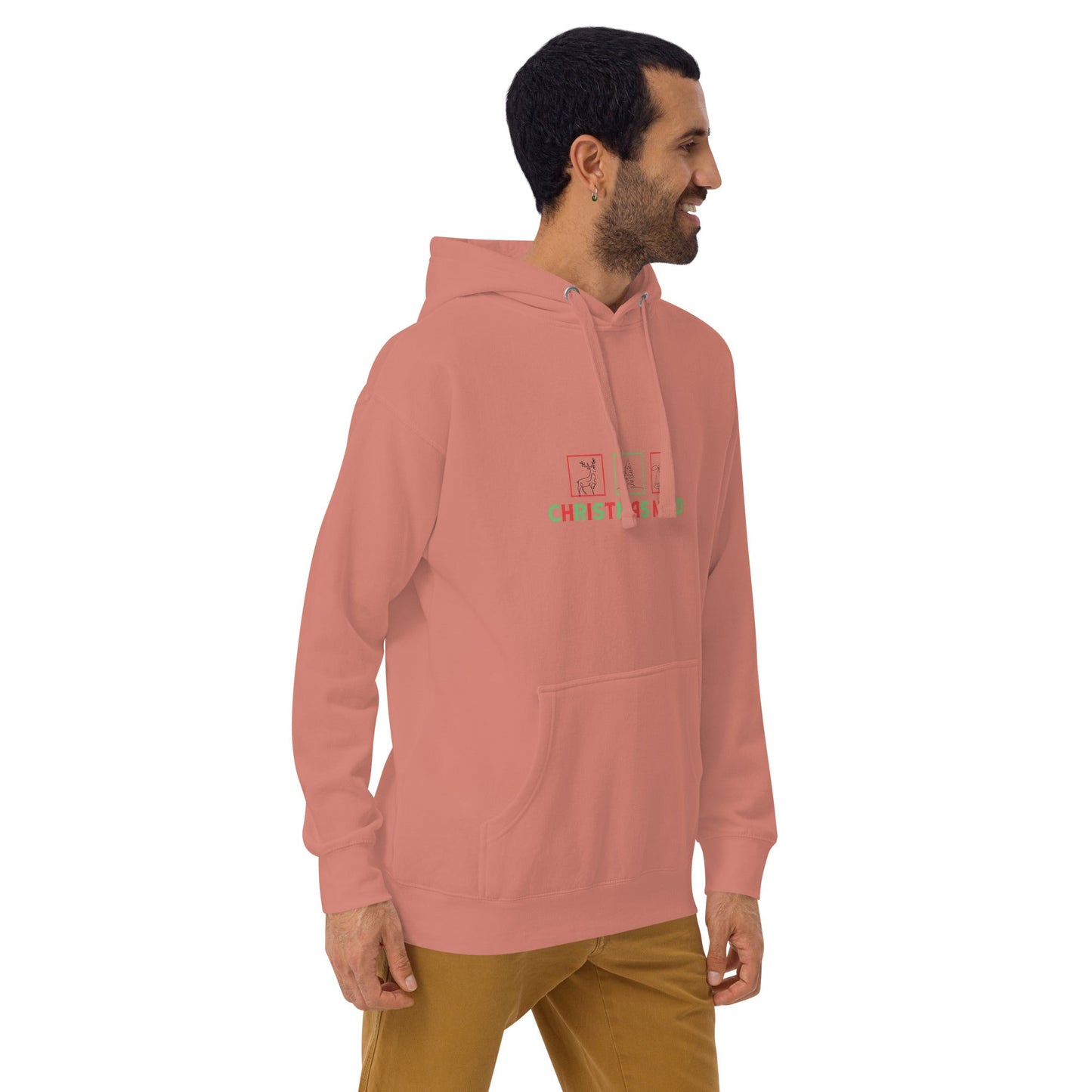 Festive Mood Hoodie - Left Placement image 10: Maroon version, size XL with front view, right-side angle of the Xmas Mood range.