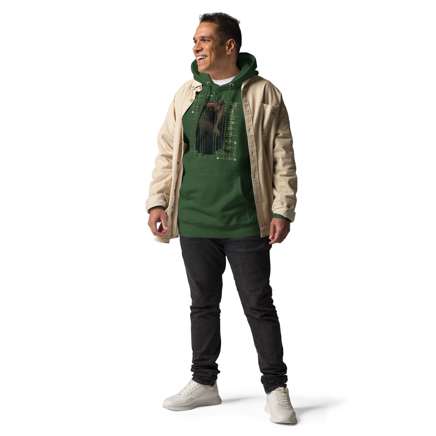 Stillwater Hoodie - Left Placement image 8 in Navy Blazer, size M, showing front view for the Patience design.