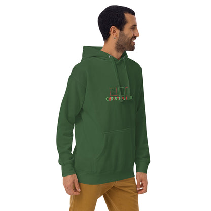 Image 7 of Maroon Festive Mood Hoodie - Left Placement, size S, with Xmas Mood artwork visible in front view, right-side angle.