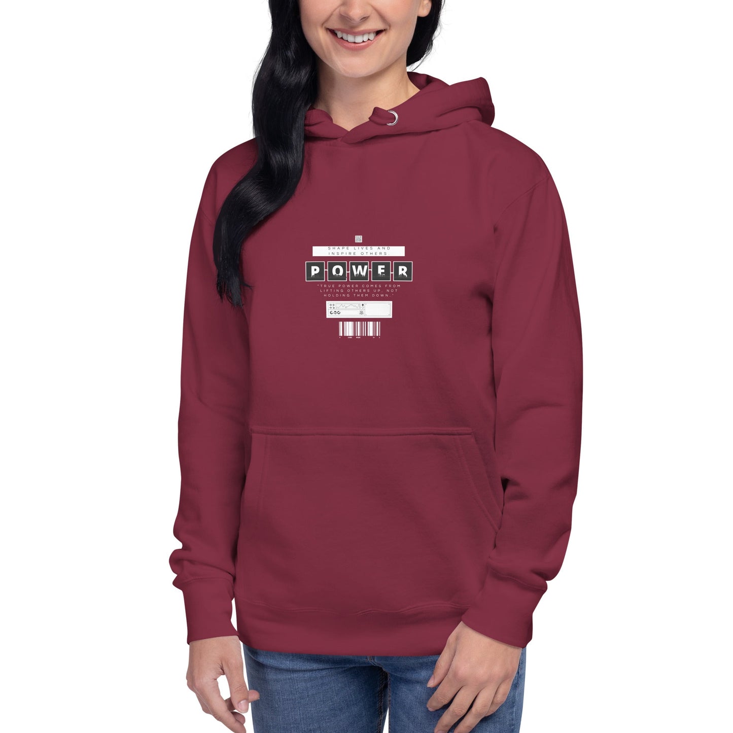 Image 3 of Black Impact Form Hoodie - Left Placement, size L, with Shape Lives artwork visible in front view.