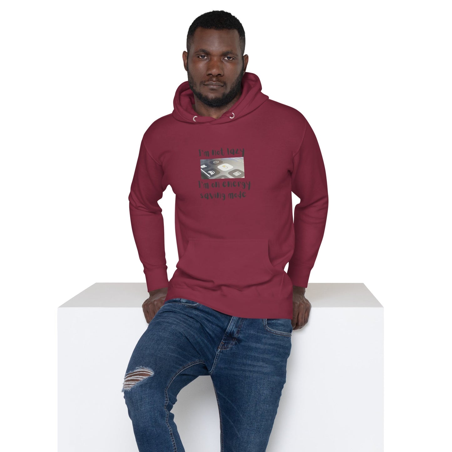 Low Power Hoodie - Left Placement image 2: Navy Blazer version, size M with front view of the Energy Saving range.