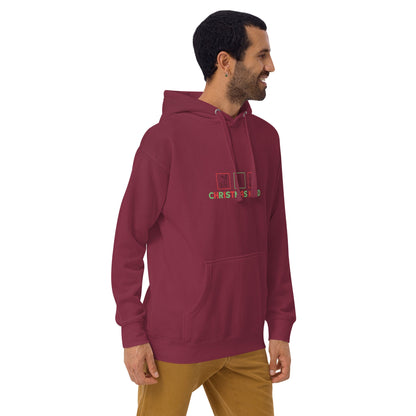 Festive Mood Hoodie - Left Placement by R.A. Apparel, image 3, front view, right-side angle, Navy Blazer, size L, left placement.