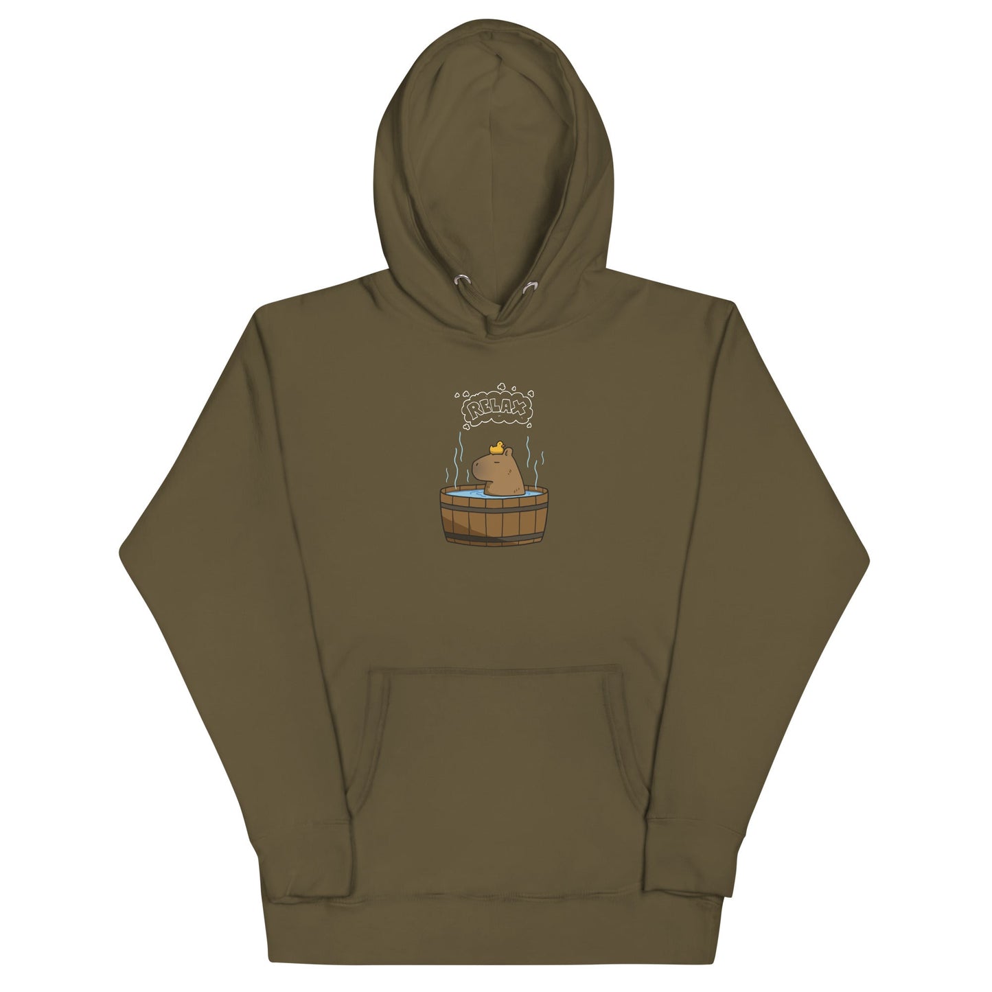Image 9 of Navy Blazer Slow Hour Hoodie - Left Placement, size L, with Relax artwork visible in front view.